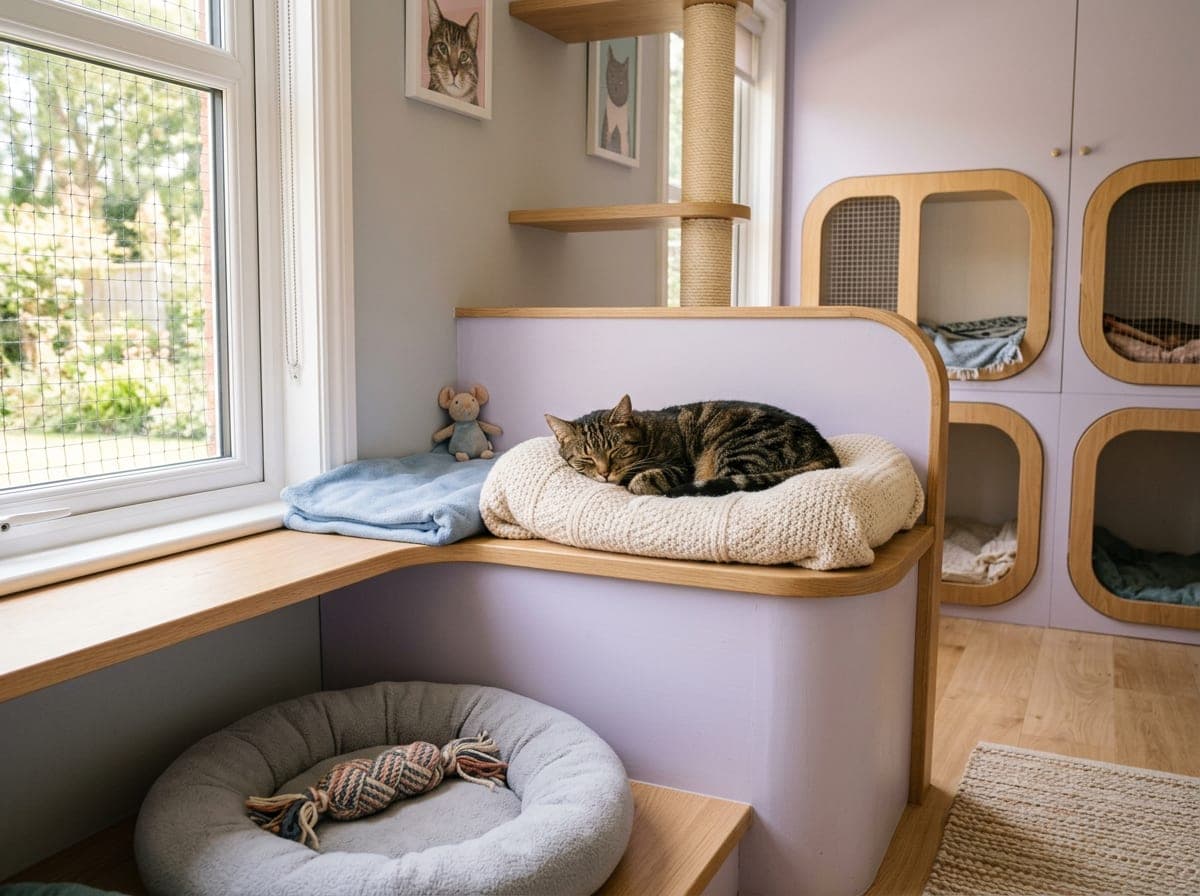 A bright, clean pet boarding space with soft cushioned beds, toys, and a calm cat resting on a padded platform in natural daylight.
