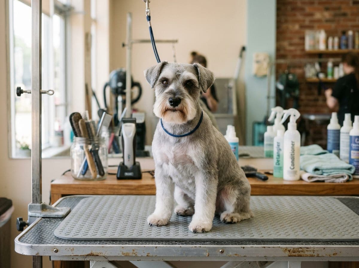 A well-groomed small dog with fluffy, clean fur after a professional grooming session, sitting calmly on a grooming table in a bright salon.