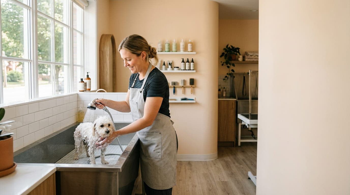 A bright pet grooming salon interior with natural light, a groomer in an apron at a bathing station, a freshly groomed dog, soft pastel walls, and clean tile flooring.